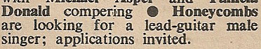 New Musical Express clipping showing that in 1967 there was an advertisement for a new guitarist for The Honeycombs.
