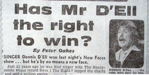 Cropped cutting from Sunday People 9th February 1975 showing Denis D'Ell as he appeared on New Faces the previous evening.